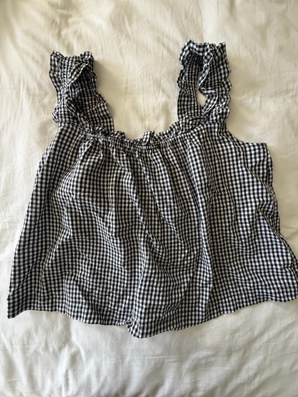 Womens Black and White Gingham Ruffle Strap Top